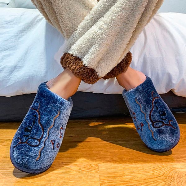

slippers men shoes warm home indoor cotton slippers embroidery men non slip floor shoes couple slides for bedroom, Black