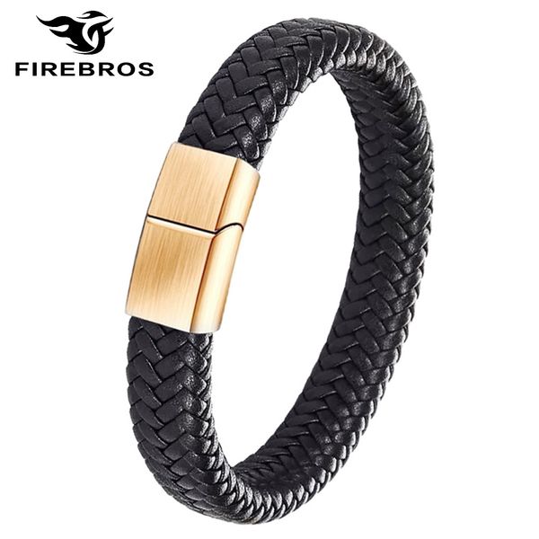 

firebros gold color stainless steel magnetic buckle 12mm genuine braided leather wrap bracelet men women jewelry dropshipping, Golden;silver