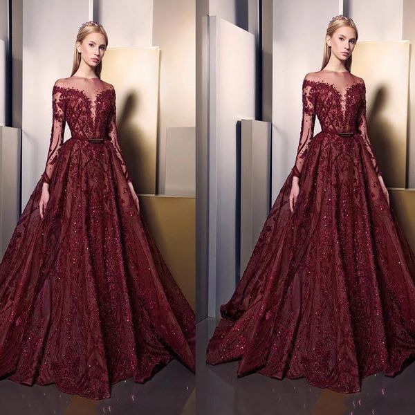 

modest burgundy prom dress long sleeves shiny sequin luxury applique lace dubai lady evening gowns celebrity formal dresses, Black;red