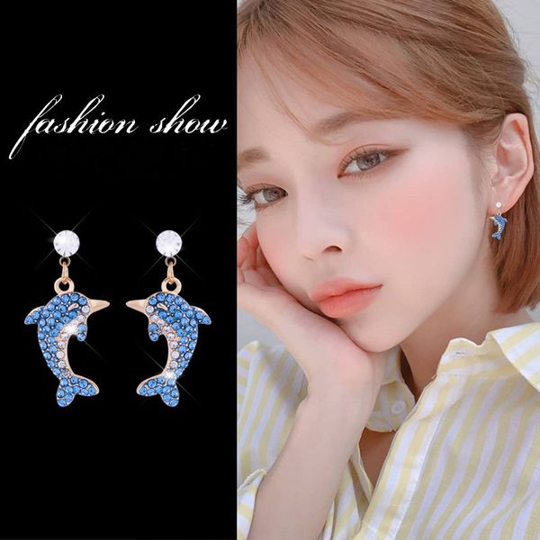 

925 silver needle fresh sweet dolphin stud inlaid earrings crystal sky blue gradient diamond temperament sen female earrings ol lady women
