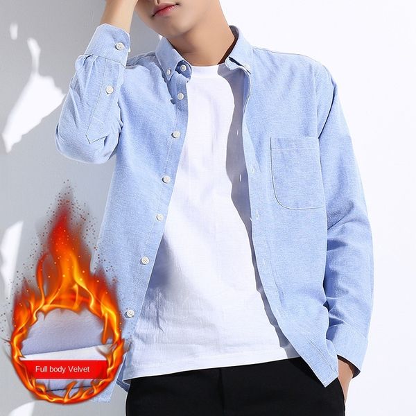 

mens designer 56 cotton oxford long sleeve warm plus velvet padded youth casual student slim shirt, White;black