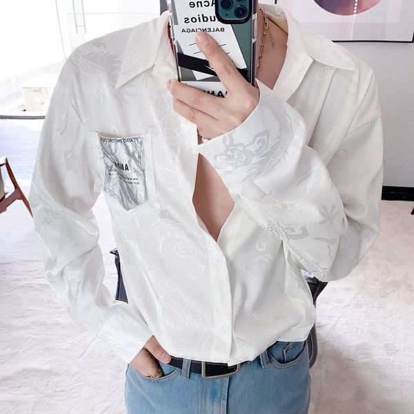 

men's casual shirts 2021 spring and autumn youth korean version of loose satin texture solid color long-sleeved shirt fashion top, White;black