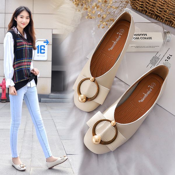 

women pearl flats solid leather shoes metal buckle mary jeans comfy moccasins ladies single shoes retro square toe loafers, Black