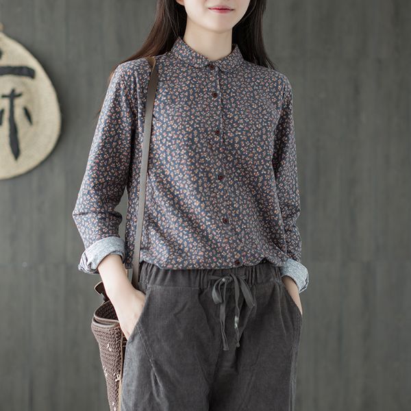 

2020 flowers print peter pan collar cotton long sleeve shirt blouse women, White