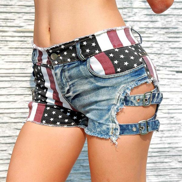

women's shorts women denim high waist mini super usa flag print booty hole destroyed jeans ripped feminino, White;black