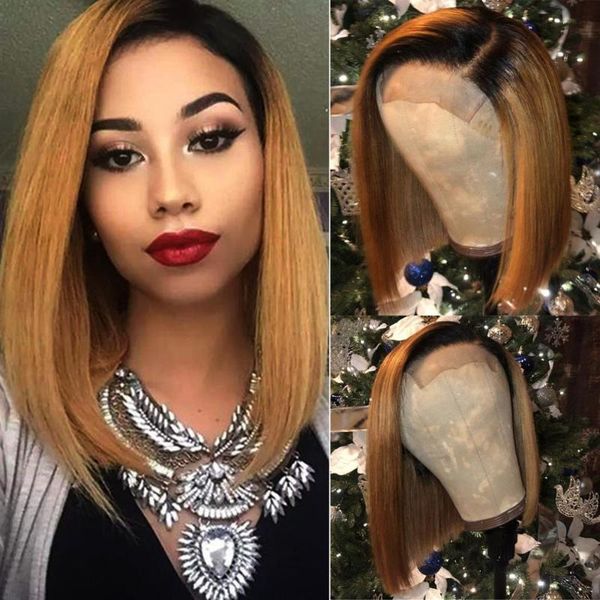

13x4 bob wig 1b 27 ombre colored blonde straight brazilian lace front human hair wig pre plucked short remy for black women, Black;brown