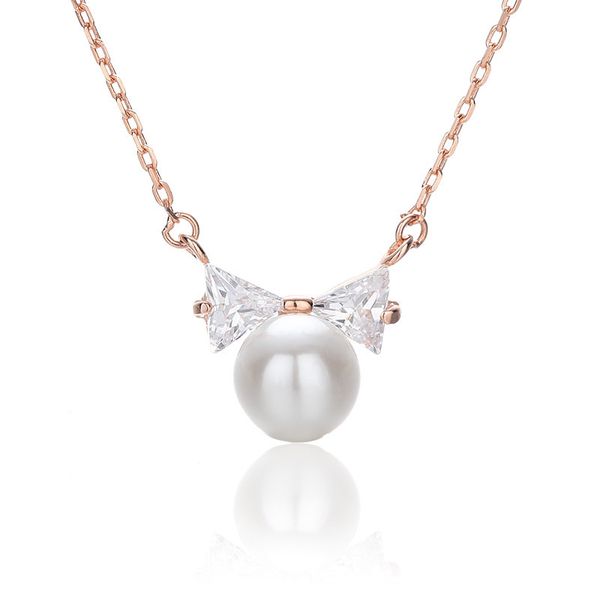 

s925 sterling silver pearl bow pendant luxury designer jewellery ladies wedding necklace 6-dh7180