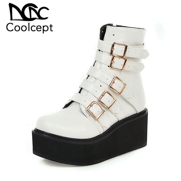 

coolcept gothic ankle boots women plus size 33-46 metal buckle chunky heels platform shoes women winter zipper wedges punk boots, Black