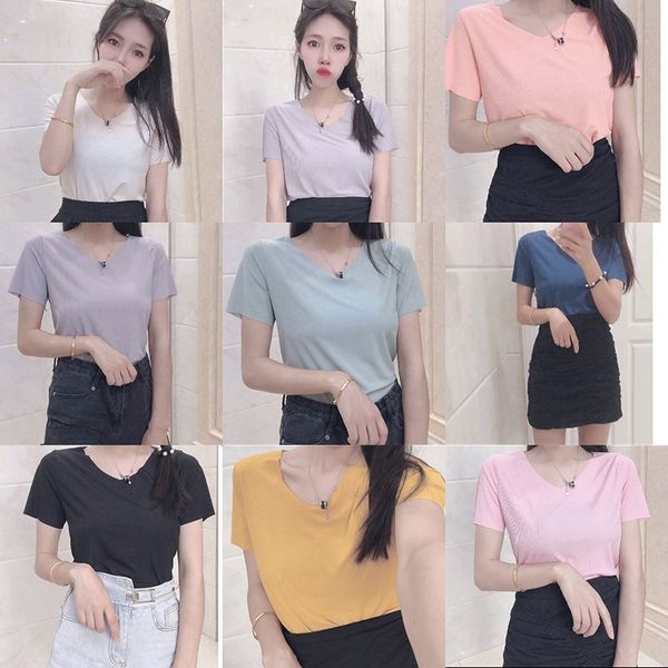 

71yla pure color ice silk short-sleeved women's knitted base all-match v-neck pure color ice t-shirt silk short-sleeved t-shirt women&#, White