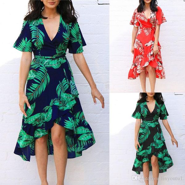 

summer floral print chiffon beach long dress women deep v neck party dress short sleeve casual boho bandage dress, Black;gray