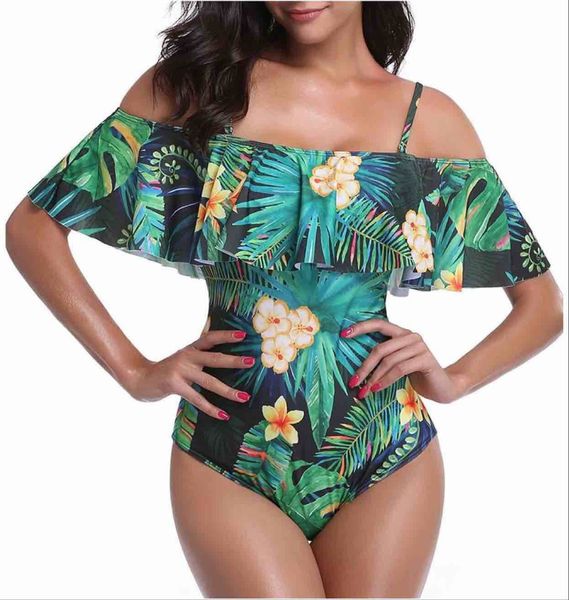 

2019 new style flounced off-the-shoulder one-piece swimsuit european and american fashion printed swimsuit, White