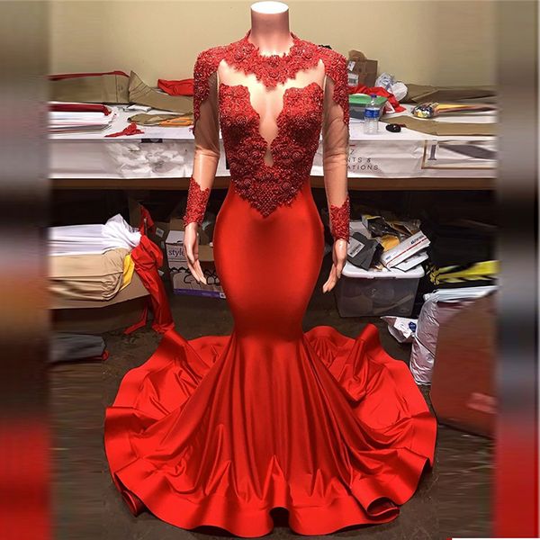 

red long sleeves prom dresses sheer neck satin lace beads sweep train cocktail party gowns custom size evening wear, Black