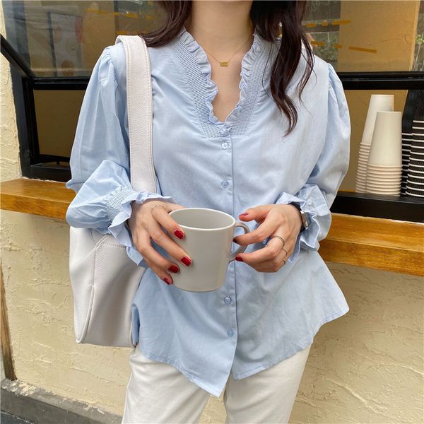 

women's blouses & shirts hzirip blue all match sweet women casual 2021 streetwear solid cute korean waist, White