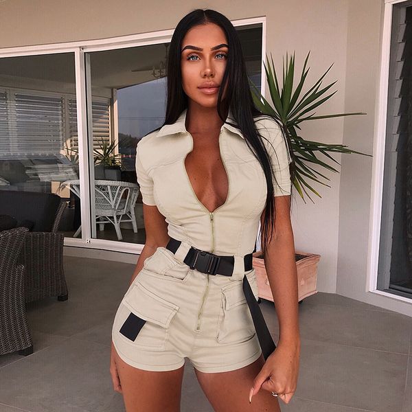 

2019 summer women overalls casual romper jumpsuit front zipper shorts summer cargo pants shirt jumpsuit female khaki playsuit, Black;white