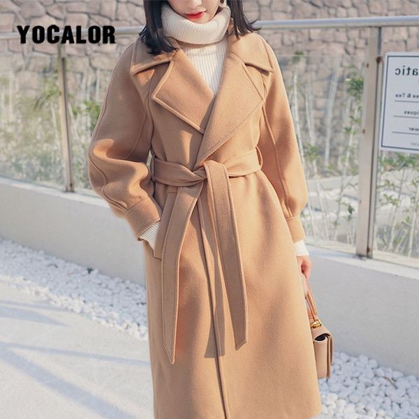 

plus size loose warm wool blends long winter coat turn-down collar adjustable belt wool coats women office work wear elegant, Black