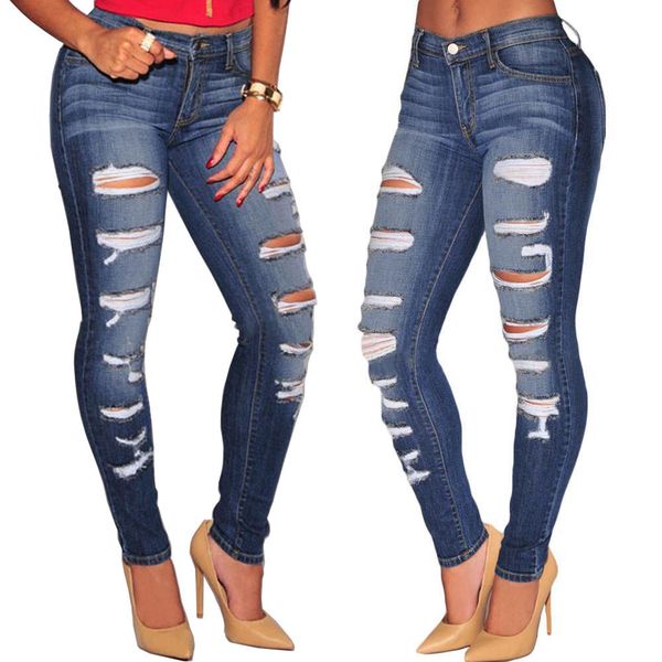 

hirigin brand hole jeans 2019 new womens slim skinny ripped destroyed denim jeans stretch denim pant jeggings trouser, Blue