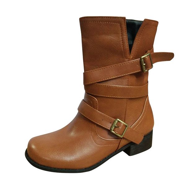

sagace 2019 mid calf boots women 2019 winter fashion platform boots belt buckle solid square heel ladies retro casual warm shoes, Black