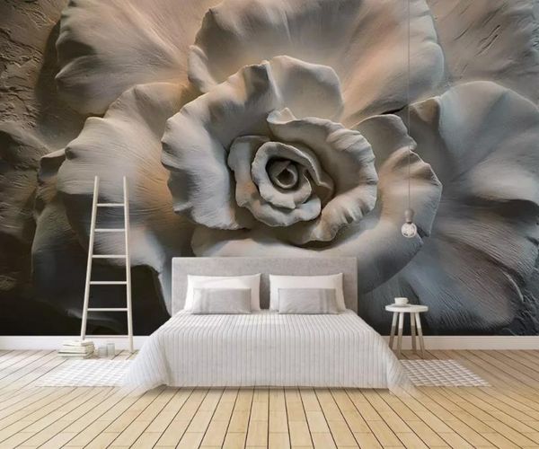 

3d embossed rose tv sofa background wall painting modern wallpaper for living room