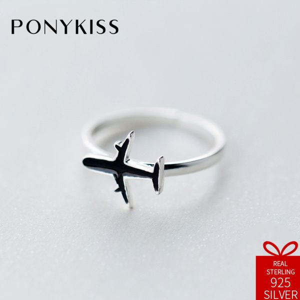 

ponykiss trendy 100% 925 sterling silver resizable opening black plane ring fine jewelry women birthday party anniversary gift, Golden;silver