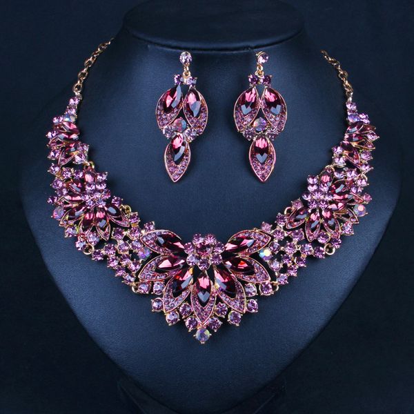 

bridal jewelry set wedding women choker purple crystal flower rhinestone necklace and earring set prom costume jewellery, Silver
