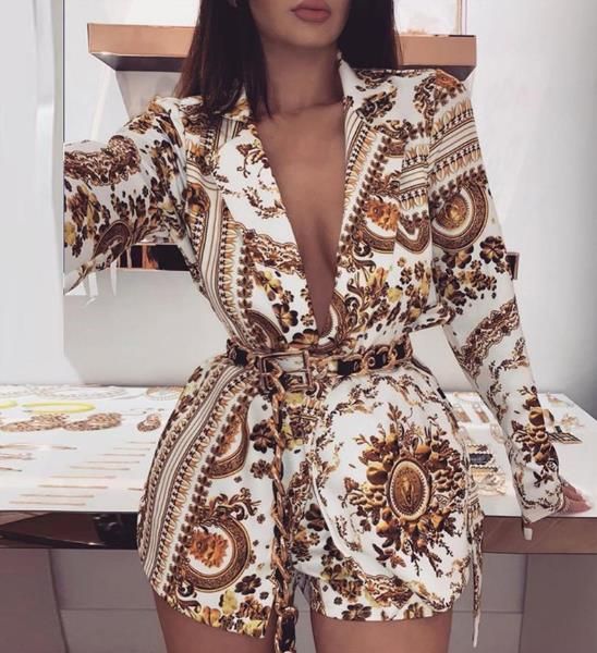 

womens two piece pants fashion golden floral printed two piece outfits deep v lapel neck girls suits, White