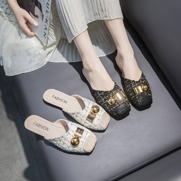 

cover toe slippers women summer low female mule rivet shoes woman 2020 pantofle flock mules flat new metal decoration buckle, Black