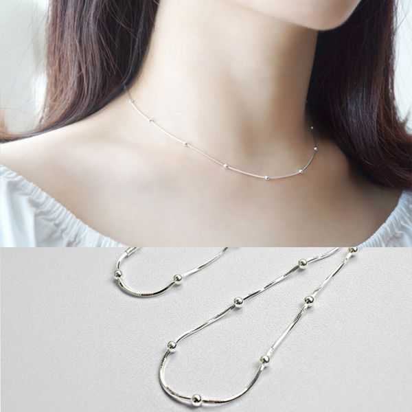 

925 real silver plated choker necklace collier femme, minimalism snake chain bead necklaces for women silver jewelry 18 inchs