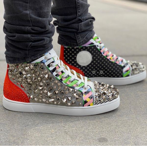 

luxury fashion 19s season no limixx red bottom sneakers flat mix studs rhinestones perfect patent stripes party wedding dress with box, Black