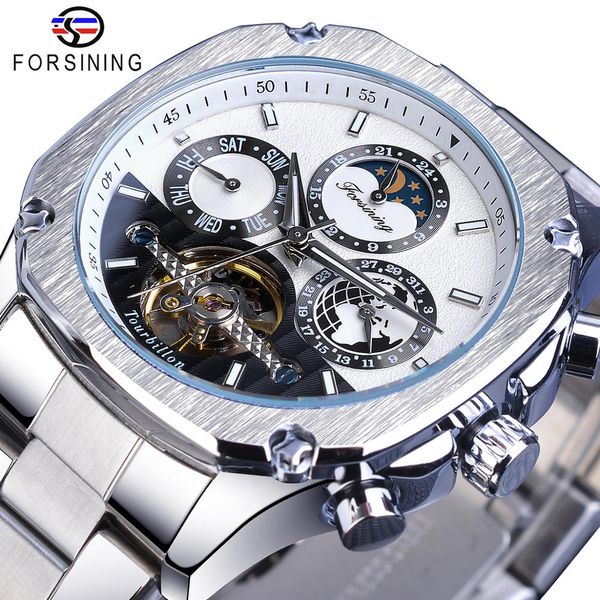 

forsining men's mechanical watch square tourbillon moonphase date male automatic sports stainless steel wristwatch reloj hombres, Slivery;brown