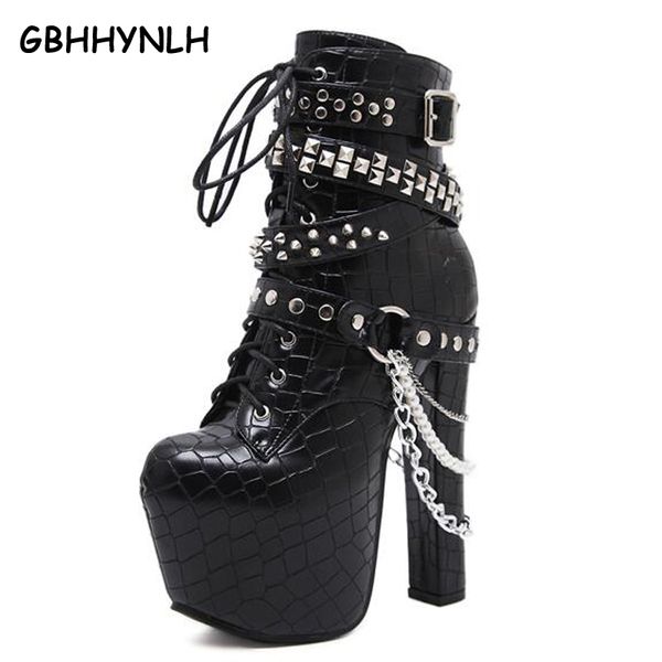 

fur boots autumn fashion high heels ankle boots woman studded heels winter platform shoes thick punk lja95, Black