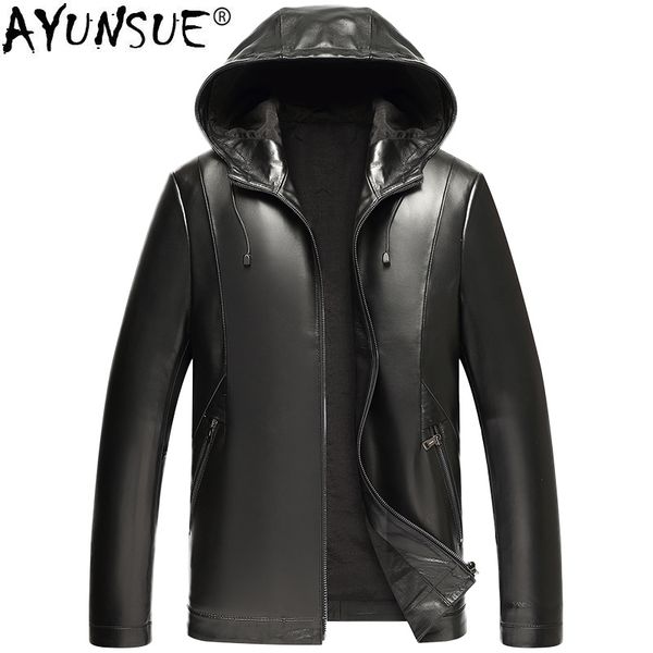 

ayunsue real sheepskin coat genuine leather jacket men hooded spring autumn short motorcycle jacket man leather coats kj1561, Black