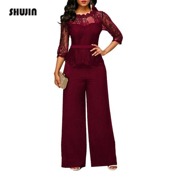 

casual dress lace jumpsuits for women autumn high waist 3/4 sleeve one piece peplum rompers elegant wide leg pants plsu size, Black;gray