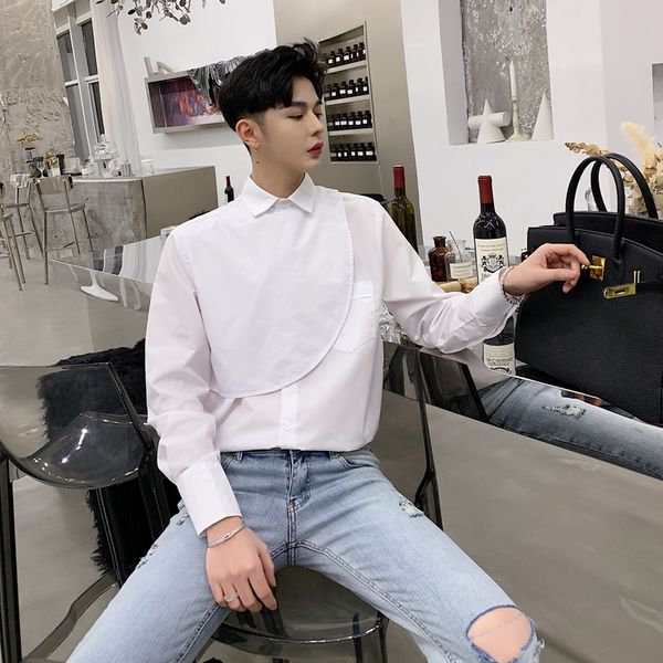 

men long sleeve casual shirt male slim fit dress shirt streetwear hip hop stage show costumes black white, White;black