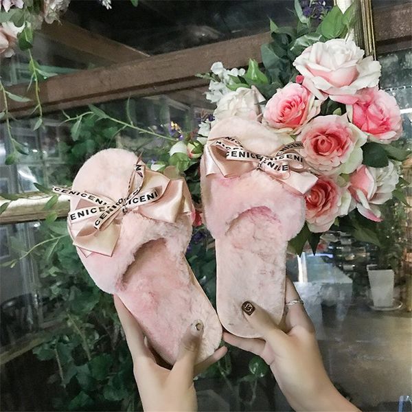 

women plush home slippers with faux fur warm shoes woman slip on flats cute bowtie female slides plus size 41, Black