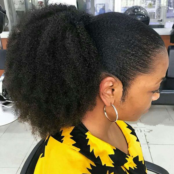 

afro puff drawstring ponytail short kinky curly human hair extensions donut chignon hairpieces updo hair bun pony tail with two clips, Black