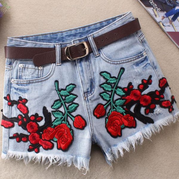 

spring and summer new women's flower embroidery denim shorts women's high waist short jeans, Blue