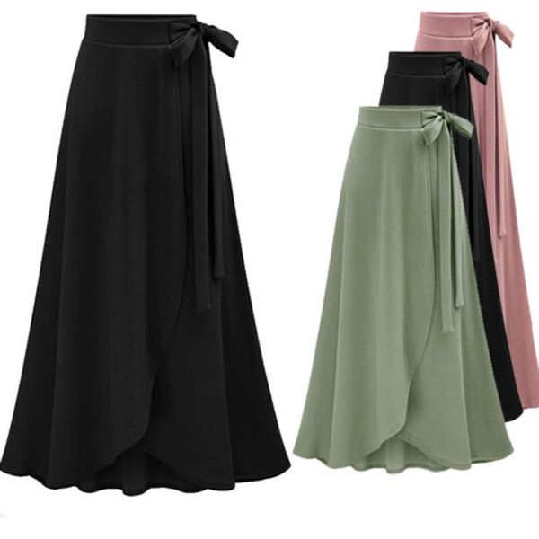 

plus size stylish designed women's autumn asymmetric slit solid-color wrap long skirt lady daily casual bandage midi skirt m-6xl, Black