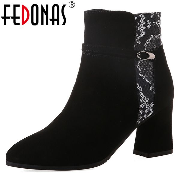 

fedonas female autumn winter warm high heels party prom shoes woman cow suede women ankle boots elegant short boots, Black