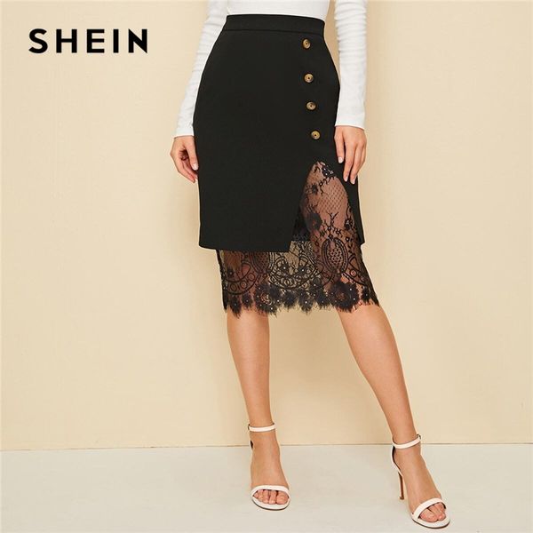 

shein black eyelash lace trim button side pencil skirt women 2020 autumn high waist contrast lace sheer elegant midi skirts