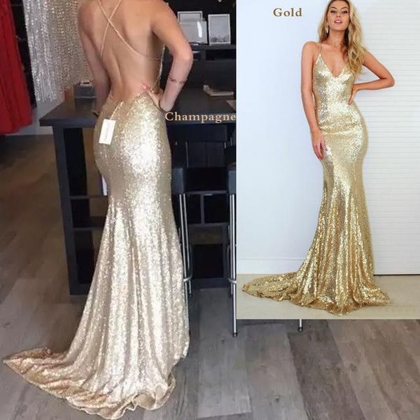 

vestido para formatura Mermaid Evening Dresses 2018 Trends Gold Champagne Sequined Party Gown Cross Straps Deep V Neck vestido madrinha