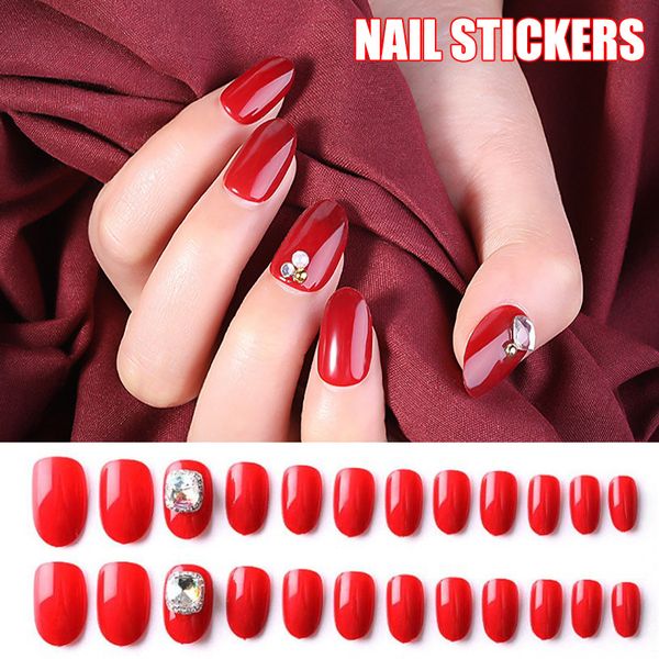 

24pcs/set full cover nails patch square press on nails sticker fake pinks red nail tips for girls women msi-19, Red;gold