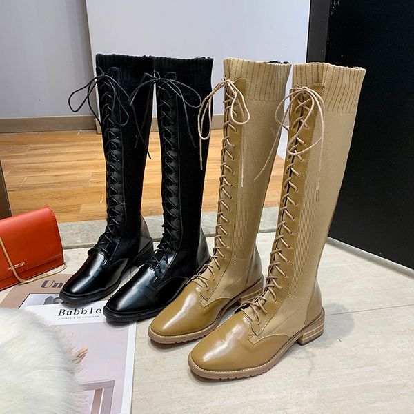 

nice new women knee high boots high heels winter daily lovely lace up shoes woman fashion girls ins popular casual dress boot, Black