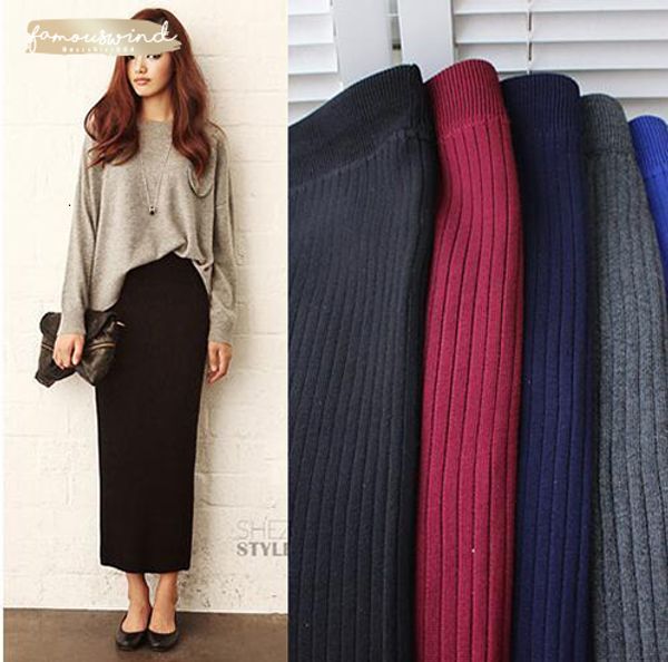 

autumn 2019 and thicker winter knitted long skirt women office package hip maxi lady chic rib knit pencil midi skirts, Black