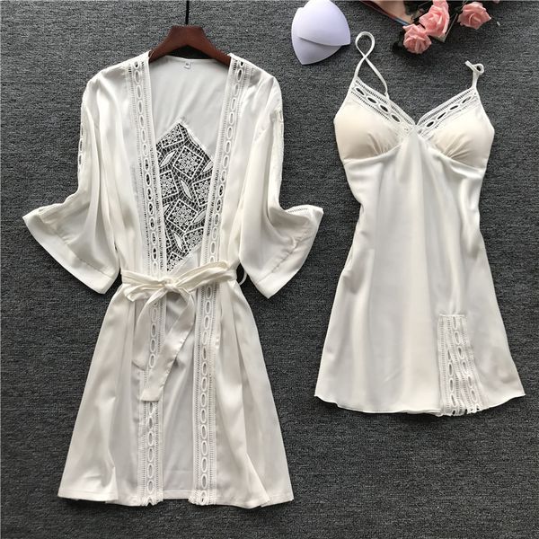 

spring new strap pajamas womens nightgown with chest pad ice silk long-sleeved pajamas two-piece suit home service