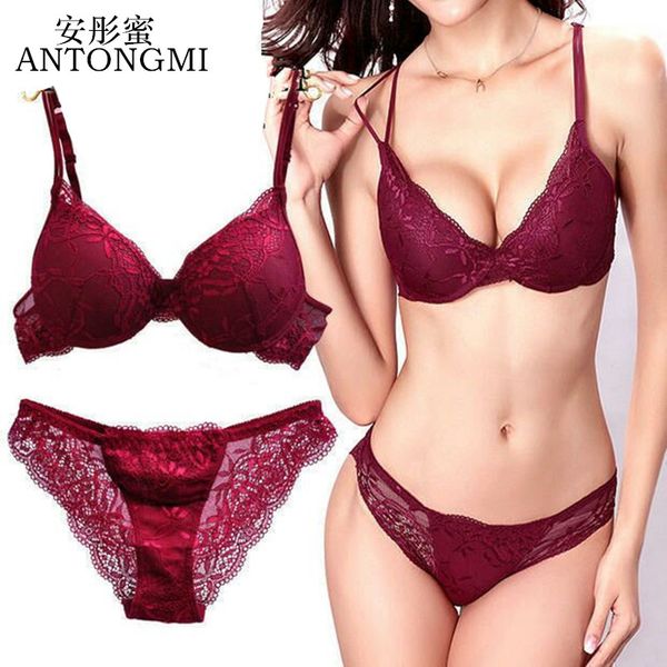 

women underwear set lace bra set push up bra lace briefs lingerie 3/4 cup 70b 75b 80b, Red;black