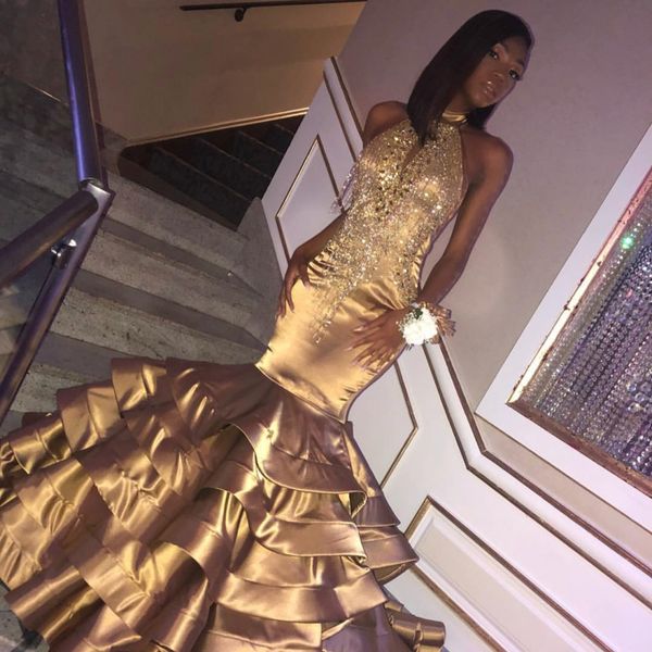 

Luxury mermaid ta el prom dre e halter neck beaded black girl party dre tiered floor length atin equined evening gown