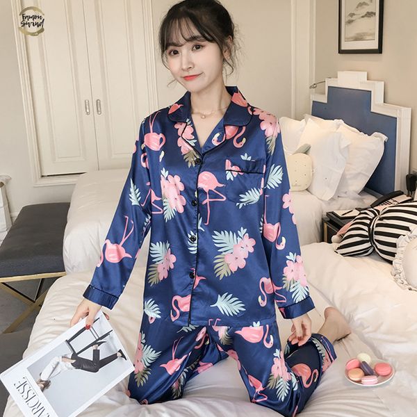 

pajamas women faux silk sleepwear satin pajamas set flower print long sleeves 2 piece autumn winter homewear, Black;red