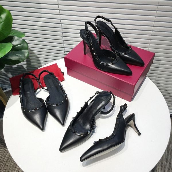 

2020 new designer luxury slingback high heels for womens pointed toes genuine leather with rivets pumps plus size 35-41, Black