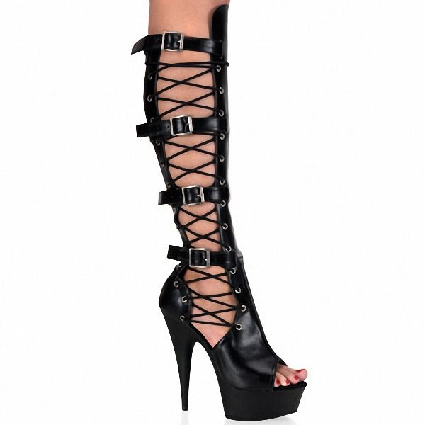 

15cm high-heeled shoes open toe lacing medium-leg hasp sandals platform boots open front lace up shoes with buckles, Black