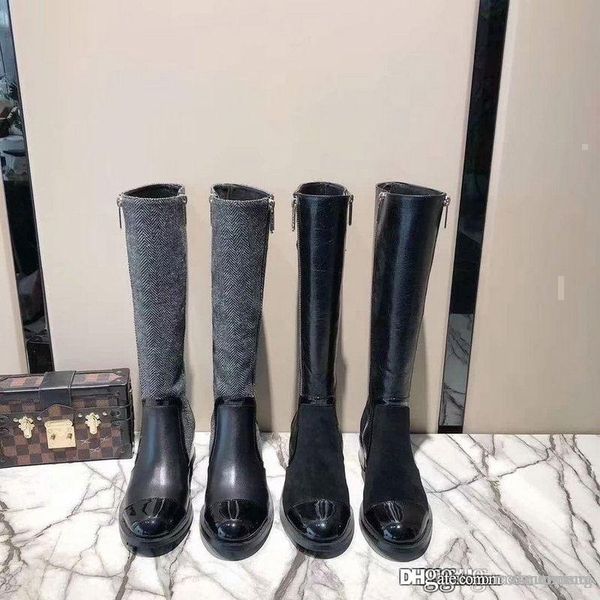 

109chanel black leather high heels boots round toe knee-high booties shoes 3.5cm with original box, Blue;gray